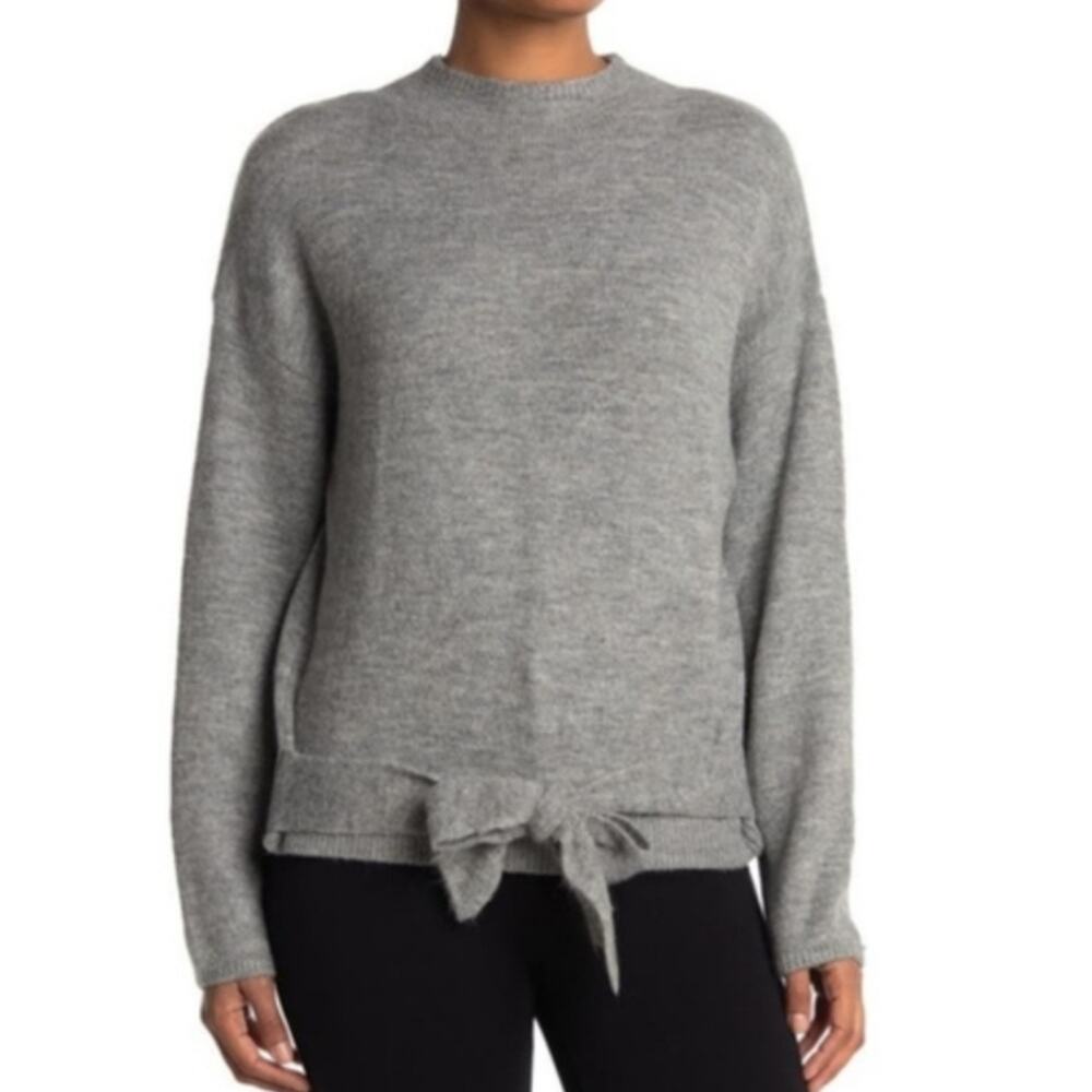 NWT Wayf Light Heather Grey Mock Neck Tie Front Waist Knit Sweater Small S Cozy